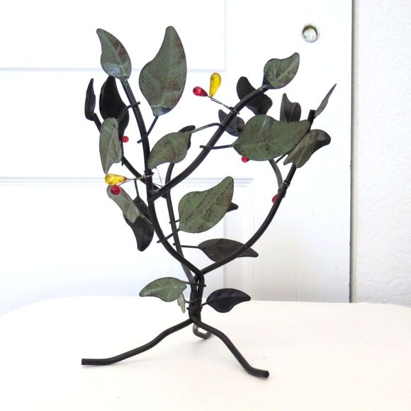 unknown Other - Vintage 1990's Wrought Iron Tree Branch Pillar Candle Holder Glass Berries - EUC